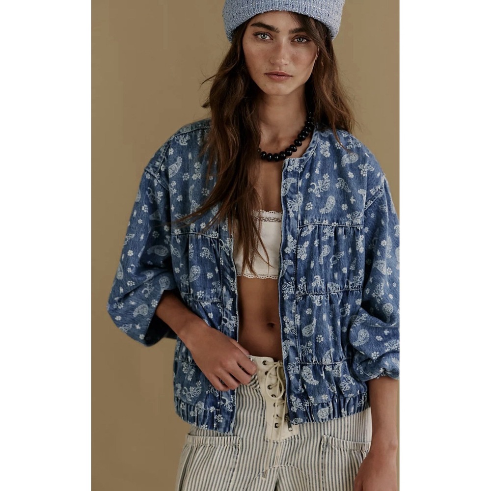We The Free Layla Printed Denim Jacket Free People Sold Out Size XL